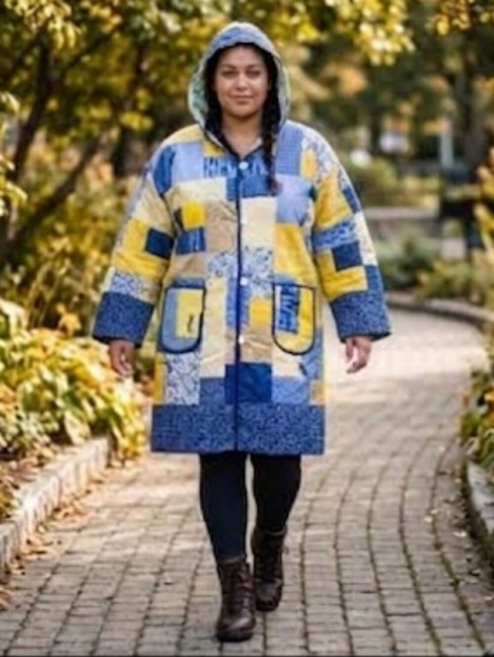 Upcycled Quilt Blanket Coat L-1X Blue Yellow Patch Handmade Dont Throw It Out